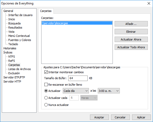 Everything Opciones Carpetas Compartido de Red