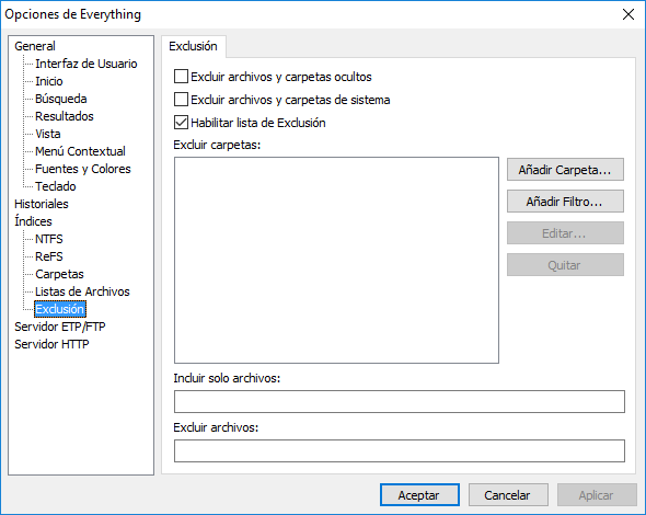 Everything Opciones Exclusión