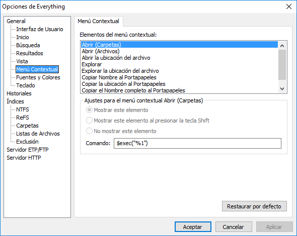 Everything Opciones Menú Contextual