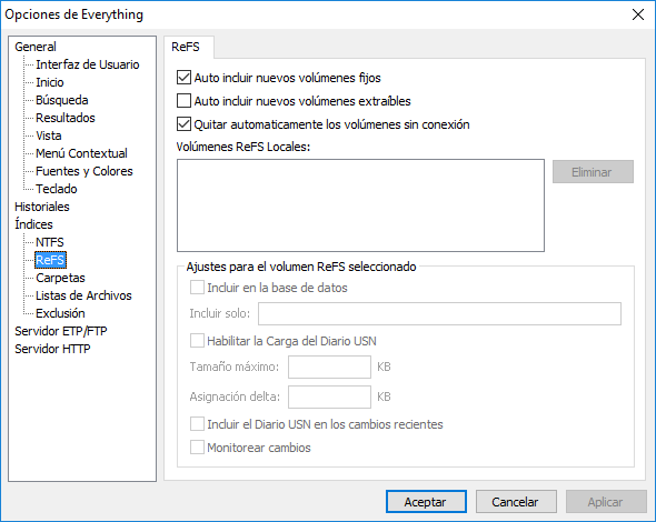 Everything Opciones ReFS