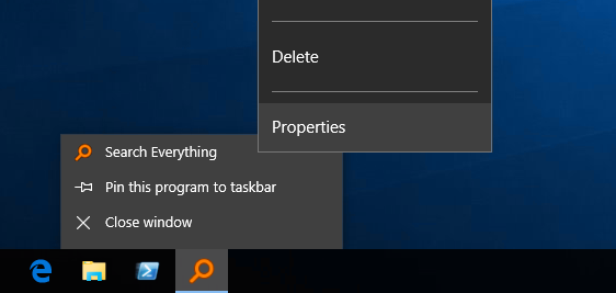 Right click taskbar shift right click Search Everything Properties