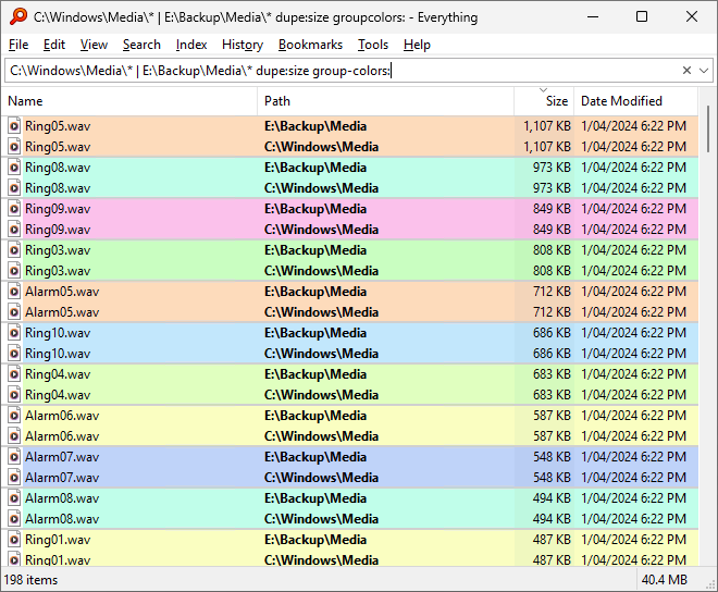 Find Size Duplicates Group Colors